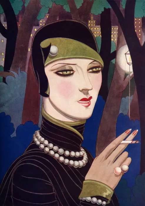 Framed Print : A fashionable woman wearing pearls and smoking Framed Print : A fashionable woman wearing pearls and smoking
