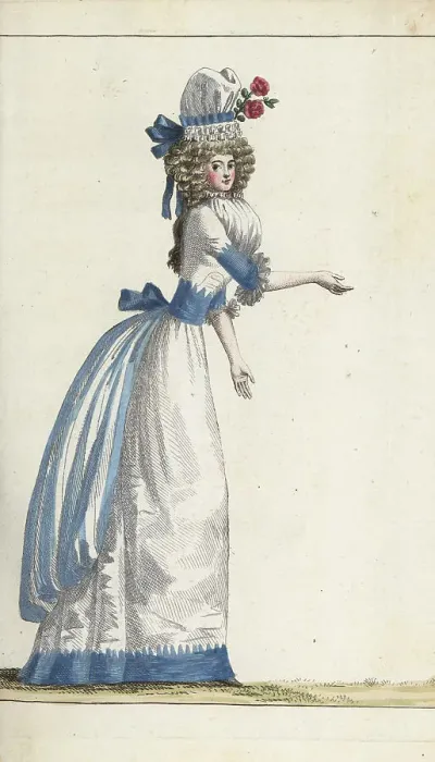 Framed Print : Fashionable woman in white and sky-blue outfit, 1790 Framed Print : Fashionable woman in white and sky-blue outfit, 1790