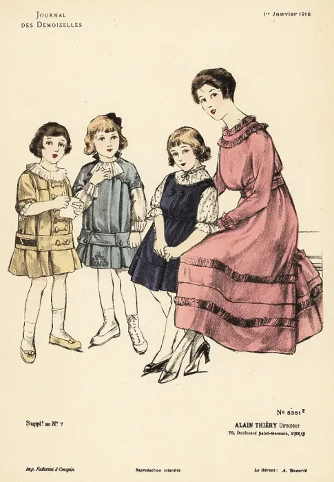 Framed Print : Fashionable woman with three young girls in smock dresses, WWI Framed Print : Fashionable woman with three young girls in smock dresses, WWI