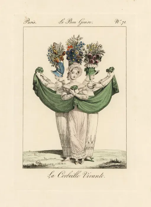 Framed Print : Three fashionable women in bonnets with tall floral displays Framed Print : Three fashionable women in bonnets with tall floral displays