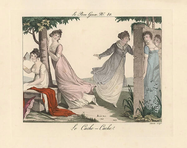 Fashionable women in decollete dresses playing hide and seek