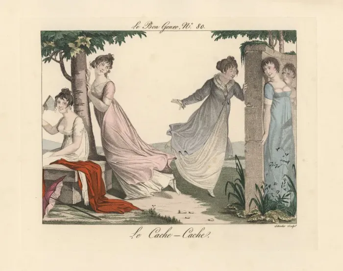 Framed Print : Fashionable women in decollete dresses playing hide and seek Framed Print : Fashionable women in decollete dresses playing hide and seek