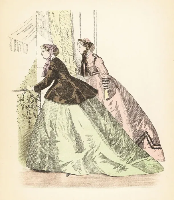 Framed Print : Fashionable women looking out from a balcony in Paris, 1853 Framed Print : Fashionable women looking out from a balcony in Paris, 1853