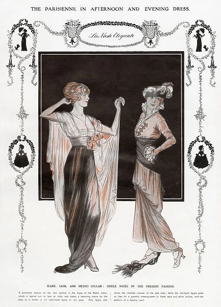 Two fashionable women wearing elegant afternoon and evening dresses with sashes