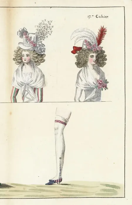 Framed Print : Fashionable women's bonnets, fichu and hose, 1790 Framed Print : Fashionable women's bonnets, fichu and hose, 1790