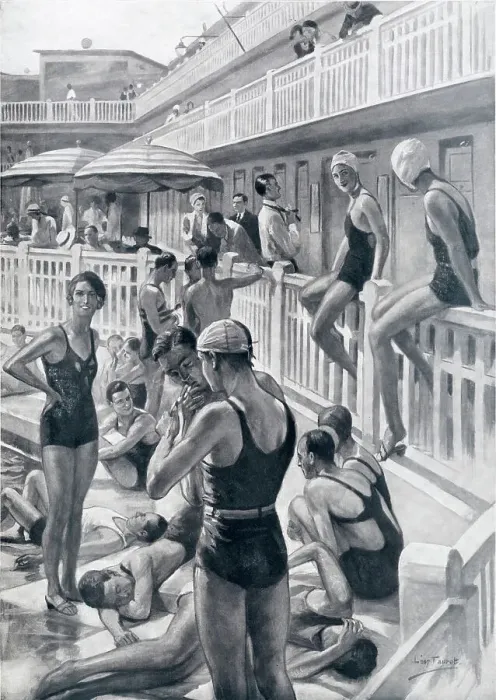 Framed Print : Fashionable young men and women enjoy the relaxed ambience of the swimming pool at Molitor, Paris. Date: 1932 Framed Print : Fashionable young men and women enjoy the relaxed ambience of the swimming pool at Molitor, Paris. Date: 1932