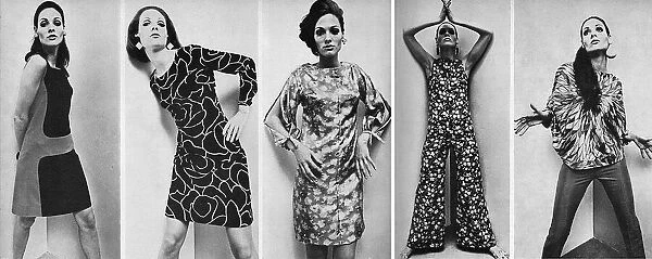 Five fashions from the 1960s. From l-r: Sleeveless plum