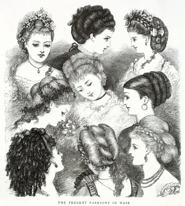 Framed Print : Fashions of hairstyles for 1870. Date: 1870 Framed Print : Fashions of hairstyles for 1870. Date: 1870