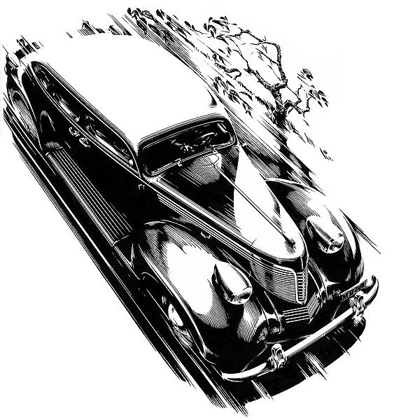 Fast car. Black & white illustration of saloon car driving fast. Date: 1938