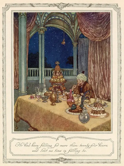 Framed Print : He had been fasting for more than twenty-four hours, and lost no time in falling to. Scene from Beauty and the Beast illustrated by Edmund Dulac. Date: 1911 Framed Print : He had been fasting for more than twenty-four hours, and lost no time in falling to. Scene from Beauty and the Beast illustrated by Edmund Dulac. Date: 1911