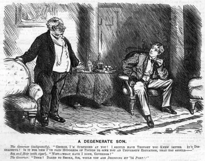 Framed Print : Father chides son for smoking while drinking port Framed Print : Father chides son for smoking while drinking port