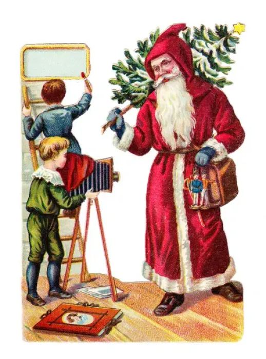 Framed Print : Father Christmas with two boys on a Victorian scrap Framed Print : Father Christmas with two boys on a Victorian scrap