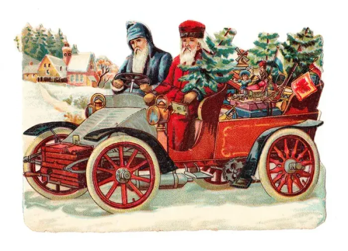 Framed Print : Father Christmas in a car on a Victorian scrap Framed Print : Father Christmas in a car on a Victorian scrap