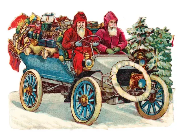 Framed Print : Father Christmas in a car on a Victorian scrap Framed Print : Father Christmas in a car on a Victorian scrap