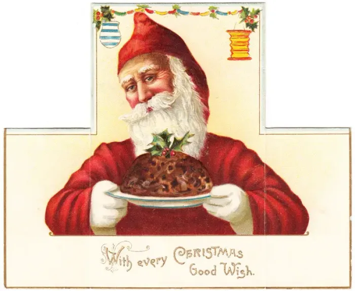 Framed Print : Father Christmas carrying pudding on a Christmas card Framed Print : Father Christmas carrying pudding on a Christmas card