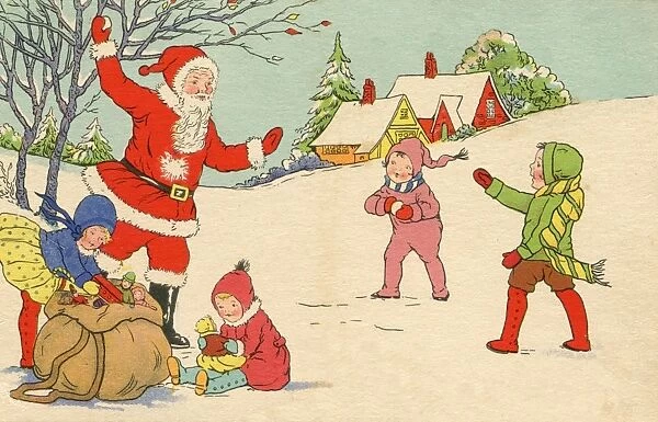 Father Christmas and children having snowball fight