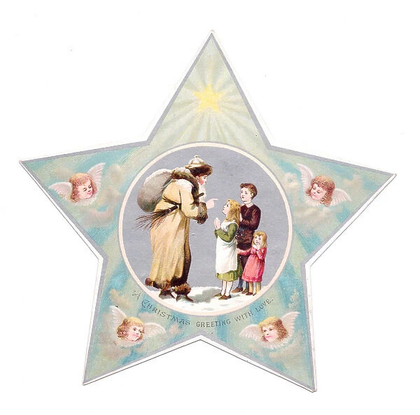 Father Christmas and children on star-shaped Christmas card
