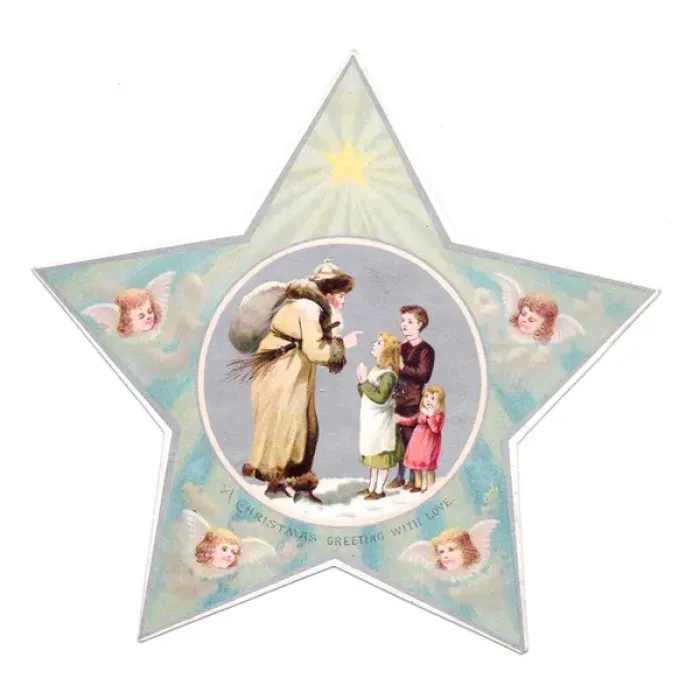 Framed Print : Father Christmas and children on star-shaped Christmas card Framed Print : Father Christmas and children on star-shaped Christmas card