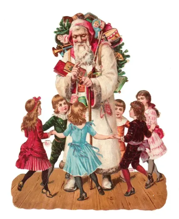 Framed Print : Father Christmas with children on a Victorian scrap Framed Print : Father Christmas with children on a Victorian scrap