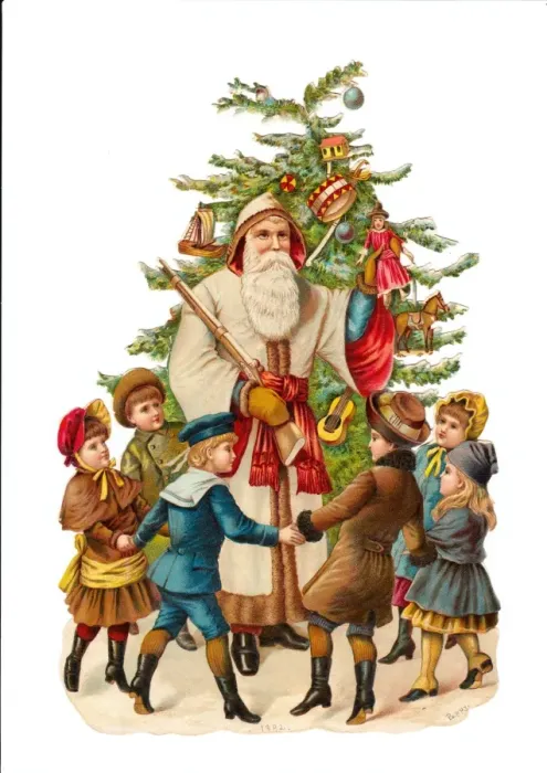 Framed Print : Father Christmas with children on a Victorian scrap Framed Print : Father Christmas with children on a Victorian scrap