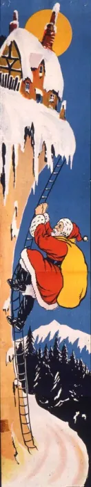 Framed Print : Father Christmas climbing a ladder in the snow Framed Print : Father Christmas climbing a ladder in the snow