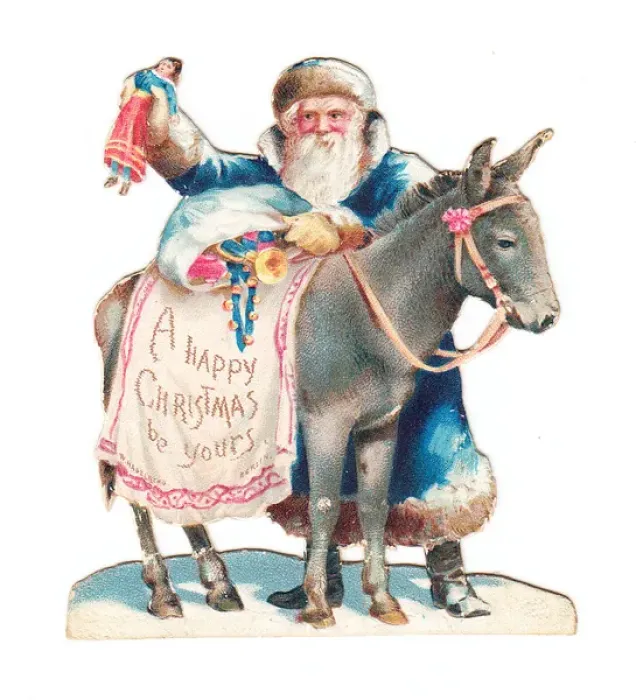 Framed Print : Father Christmas with donkey on a Victorian scrap Framed Print : Father Christmas with donkey on a Victorian scrap