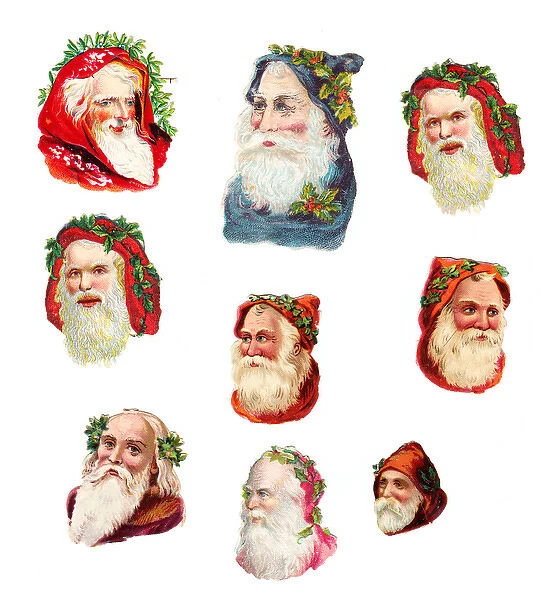 Father Christmas heads on nine Victorian scraps