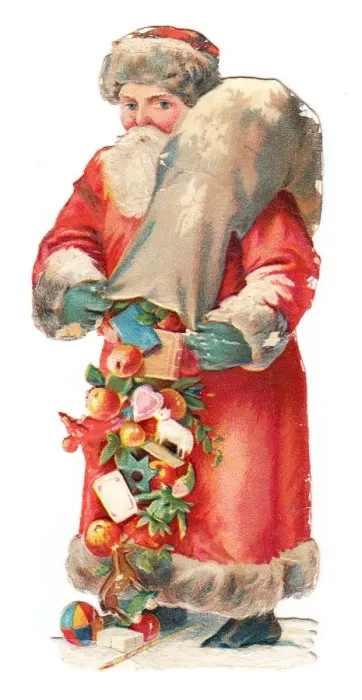 Framed Print : Father Christmas with presents on a Victorian scrap Framed Print : Father Christmas with presents on a Victorian scrap