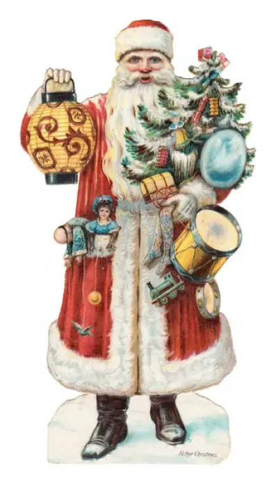 Framed Print : Father Christmas with presents on a Victorian scrap Framed Print : Father Christmas with presents on a Victorian scrap