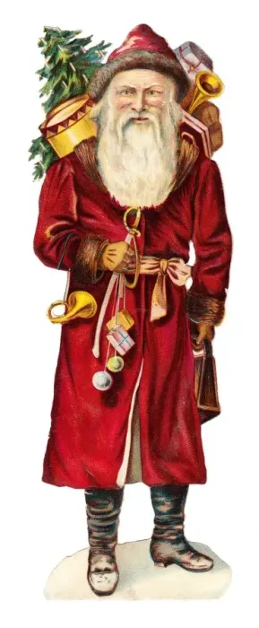 Framed Print : Father Christmas with presents on a Victorian scrap Framed Print : Father Christmas with presents on a Victorian scrap