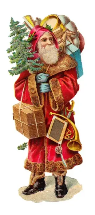 Framed Print : Father Christmas with presents on a Victorian scrap Framed Print : Father Christmas with presents on a Victorian scrap