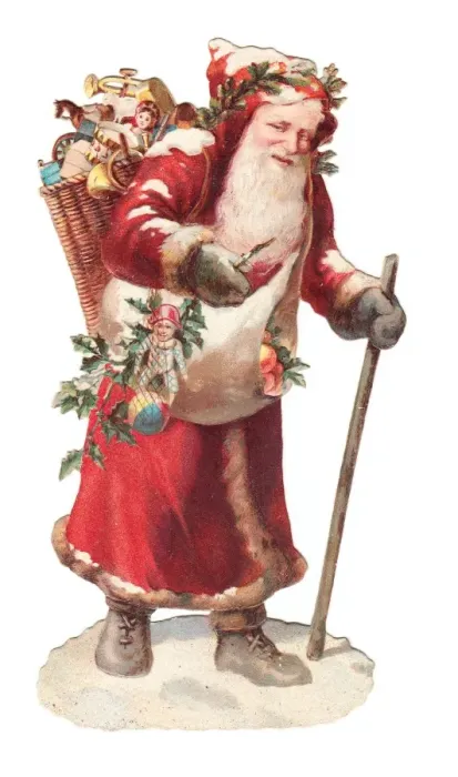 Framed Print : Father Christmas with presents on a Victorian scrap Framed Print : Father Christmas with presents on a Victorian scrap