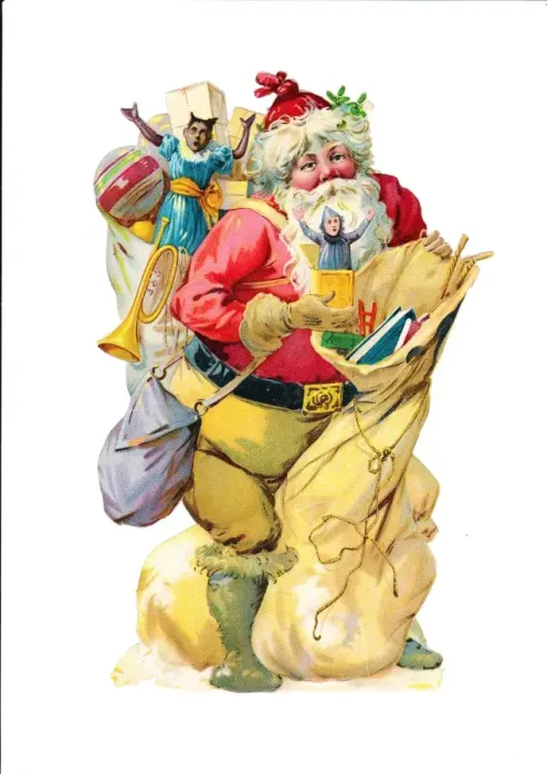 Framed Print : Father Christmas with presents on a Victorian scrap Framed Print : Father Christmas with presents on a Victorian scrap