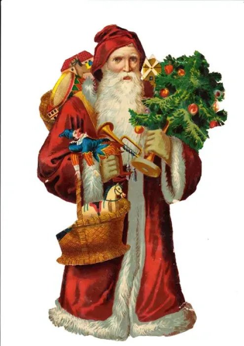 Framed Print : Father Christmas with presents on a Victorian scrap Framed Print : Father Christmas with presents on a Victorian scrap