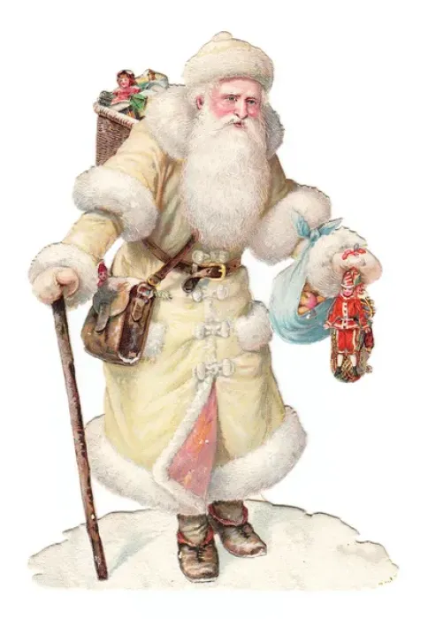 Framed Print : Father Christmas with presents on a Victorian scrap Framed Print : Father Christmas with presents on a Victorian scrap
