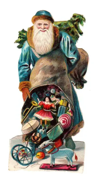 Framed Print : Father Christmas with presents on a Victorian scrap Framed Print : Father Christmas with presents on a Victorian scrap