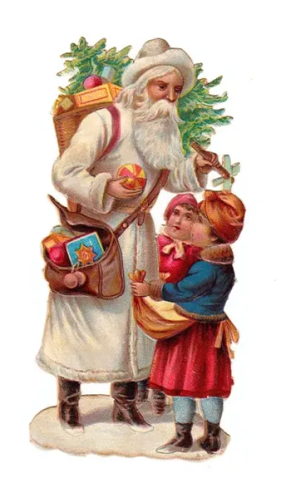Framed Print : Father Christmas with presents on a Victorian scrap Framed Print : Father Christmas with presents on a Victorian scrap