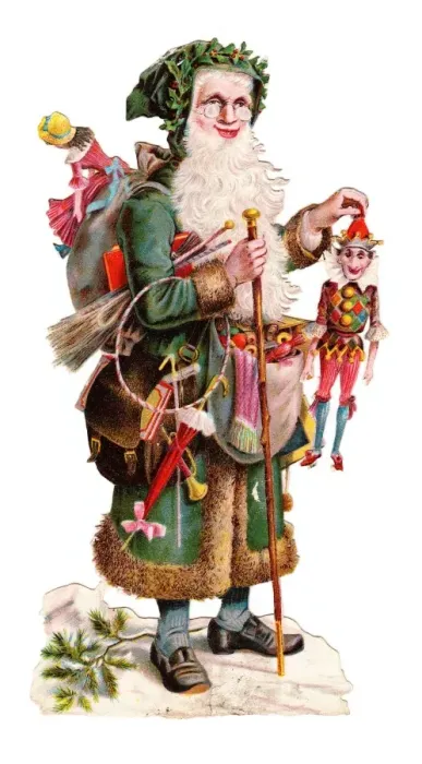 Framed Print : Father Christmas with presents on a Victorian scrap Framed Print : Father Christmas with presents on a Victorian scrap