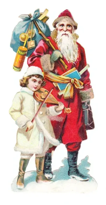 Framed Print : Father Christmas with presents on a Victorian scrap Framed Print : Father Christmas with presents on a Victorian scrap