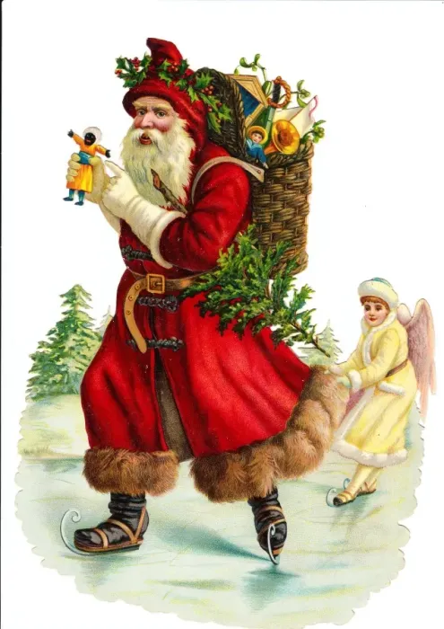 Framed Print : Father Christmas with presents on a Victorian scrap Framed Print : Father Christmas with presents on a Victorian scrap