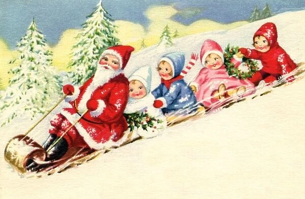 Father Christmas in a sledge with children