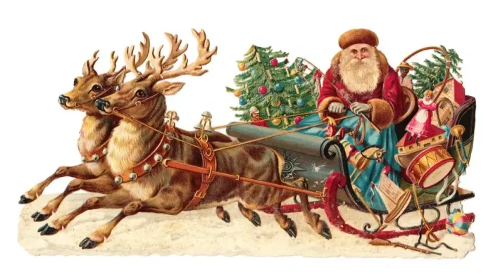 Framed Print : Father Christmas with sleigh on a Victorian scrap Framed Print : Father Christmas with sleigh on a Victorian scrap