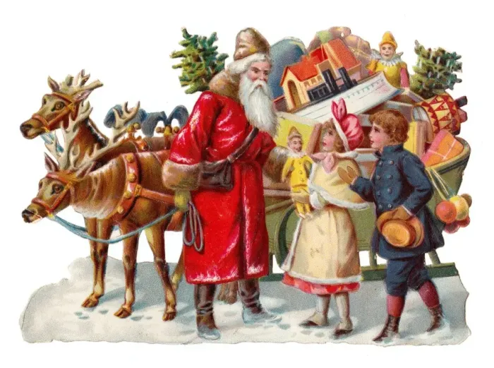 Framed Print : Father Christmas with sleigh on a Victorian scrap Framed Print : Father Christmas with sleigh on a Victorian scrap