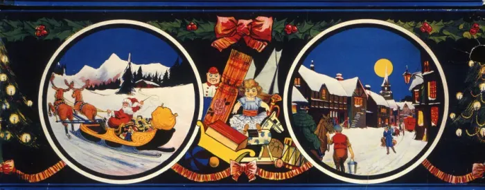 Framed Print : Father Christmas on sleigh, village in the snow Framed Print : Father Christmas on sleigh, village in the snow