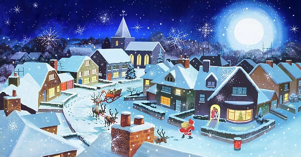 Father Christmas in snowy, starry village