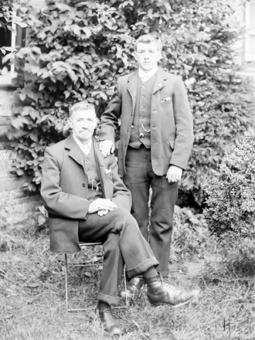 Framed Print : Father and son in a garden, Mid Wales Framed Print : Father and son in a garden, Mid Wales