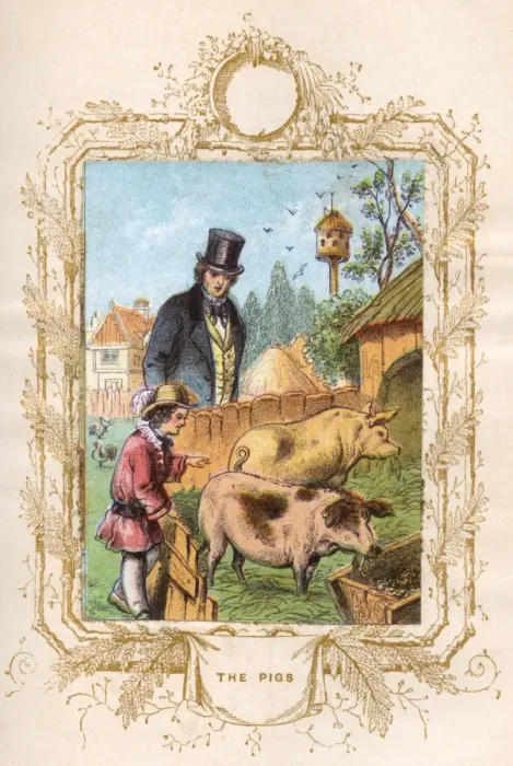 Framed Print : Father and son with pigs Framed Print : Father and son with pigs