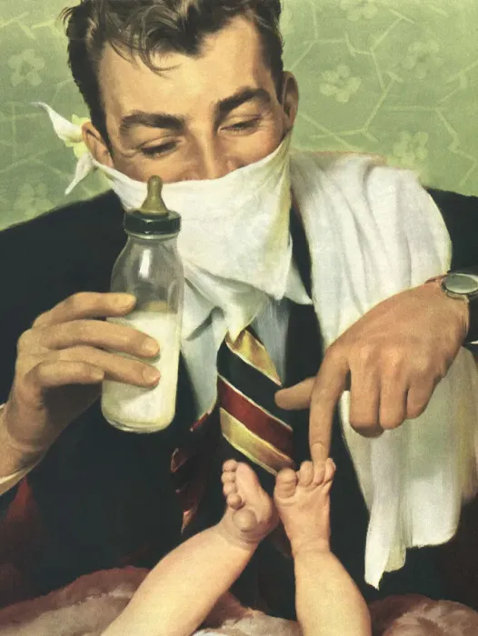Framed Print : Father wearing Handkerchief with Baby Date: 1951 Framed Print : Father wearing Handkerchief with Baby Date: 1951