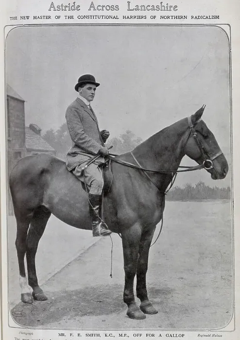 Framed Print : FE Smith KC, MP on horse, in riding tweeds, bowler hat and boots, outdoor sporting photograph. Captioned, Astride Across Lancashire: The New Master of The Constitutional Harriers of Northern Radicalism Framed Print : FE Smith KC, MP on horse, in riding tweeds, bowler hat and boots, outdoor sporting photograph. Captioned, Astride Across Lancashire: The New Master of The Constitutional Harriers of Northern Radicalism