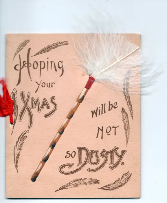 Framed Print : Feather duster with comic greeting on a Christmas card Framed Print : Feather duster with comic greeting on a Christmas card